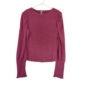 Anthropologie Smocked Stretch Burgundy Boho Peasant Blouse Women's Size Medium